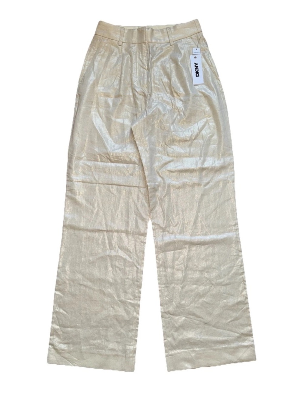 DKNY Women Sz 0 Shiny Cream Tailored Pants Wide Leg High Rise Linen Blend New